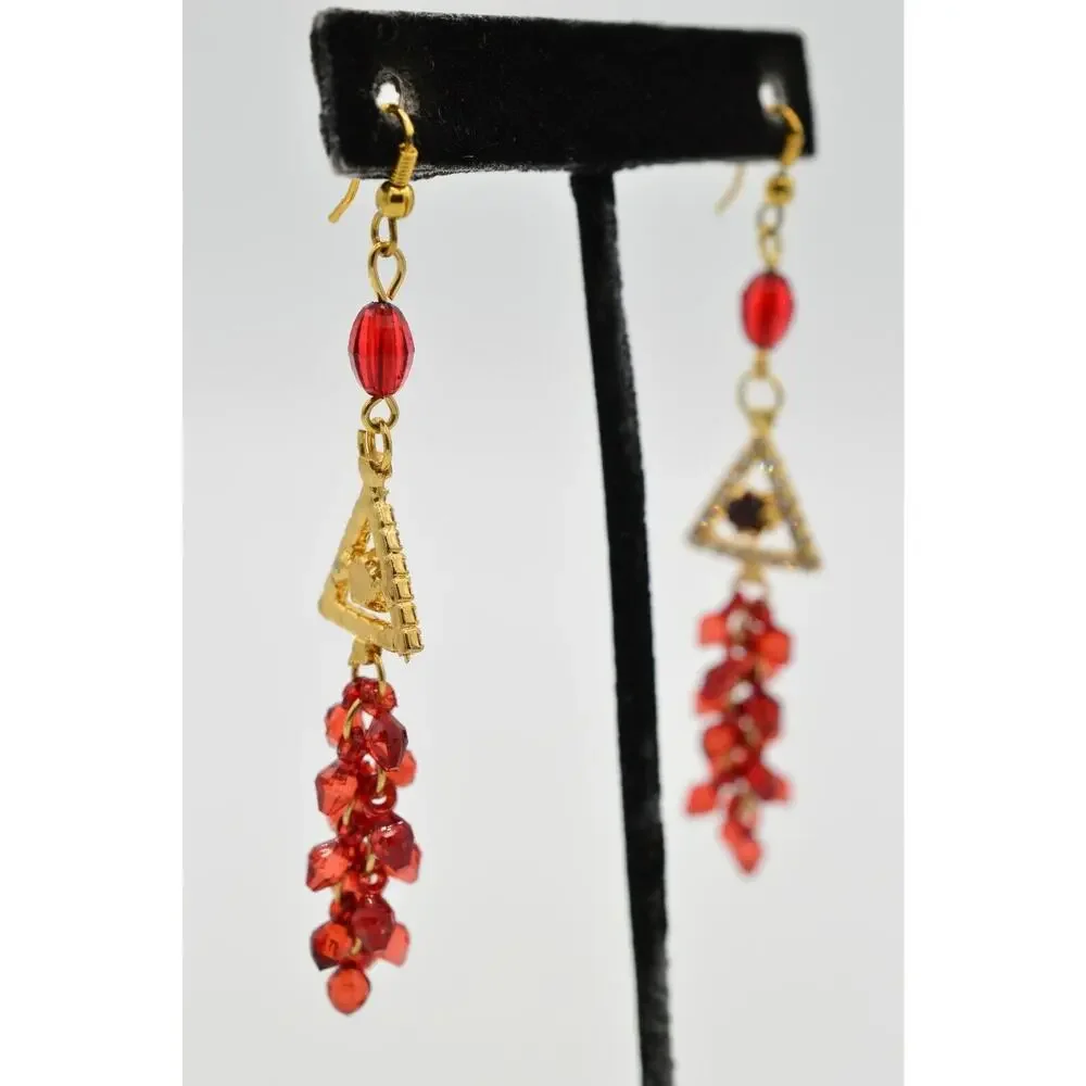 Statement Dangle Earrings Earrings Red Rhinestone Crystal Beaded Cluster Gold 9L